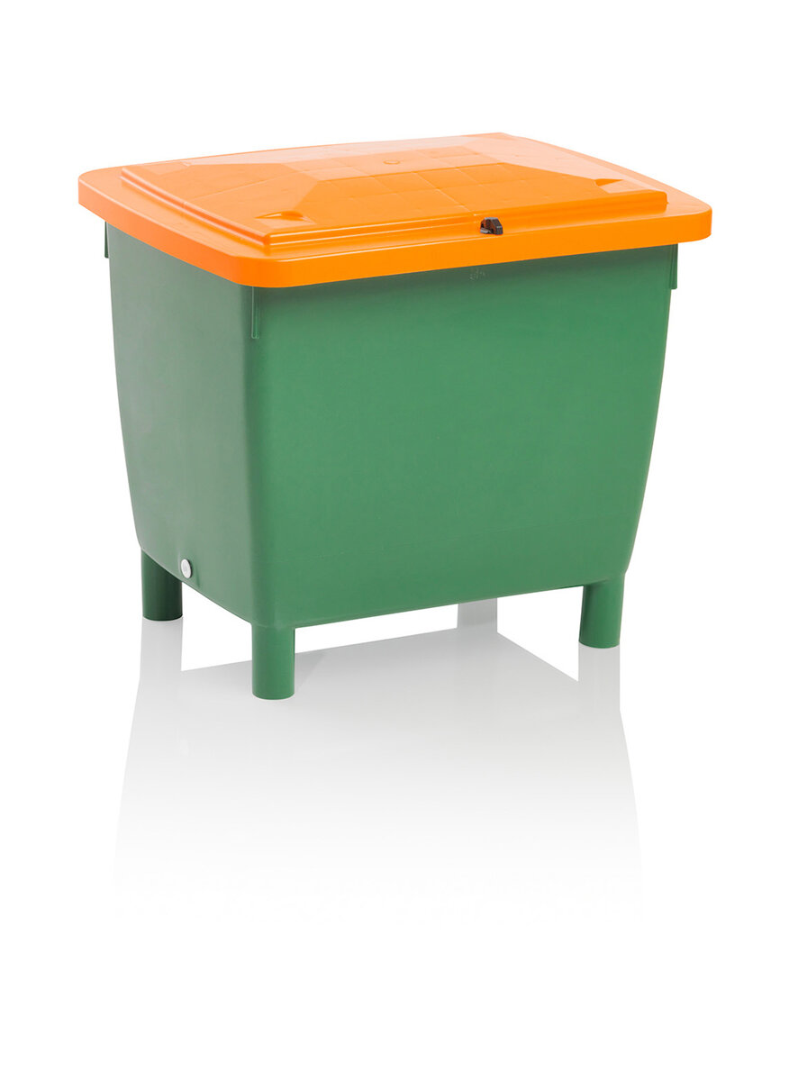 210 Liter Universalbehälter grün mit orangenem Deckel