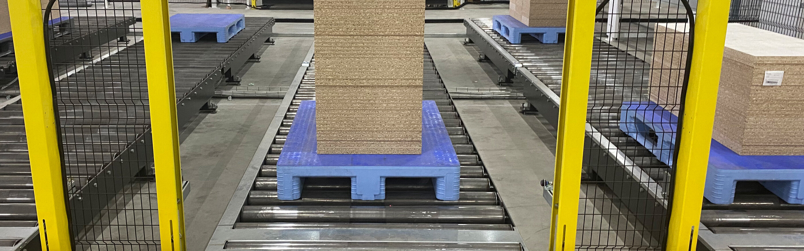Plastic pallet with wooden boards on roller conveyor