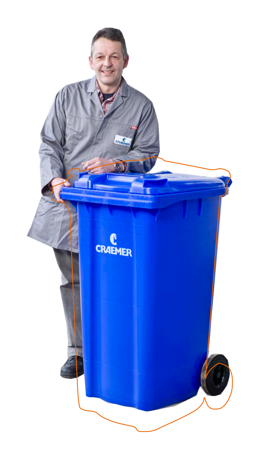 Craemer employee standing behind a blue Craemer Wheelie bin