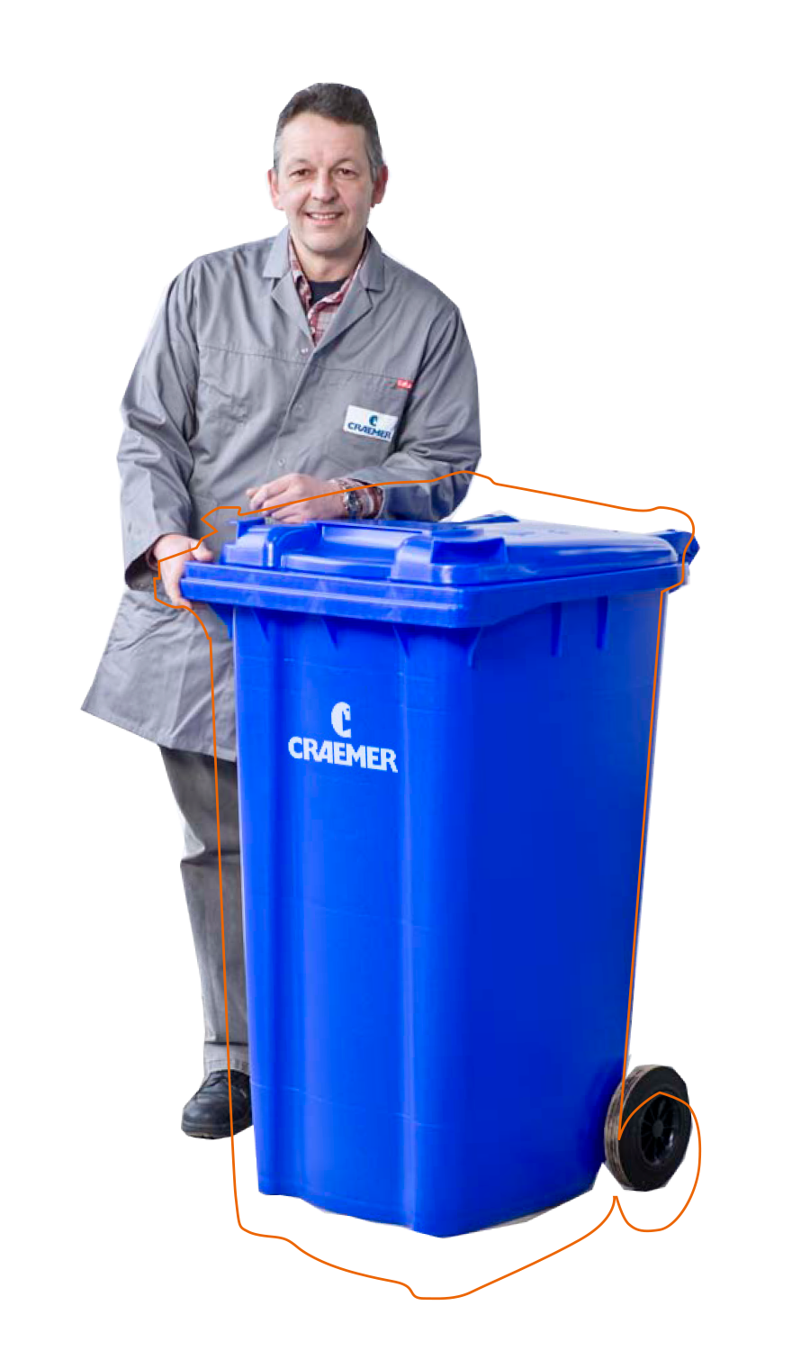 Mann mit blauem Craemer Müllgroßbehälter