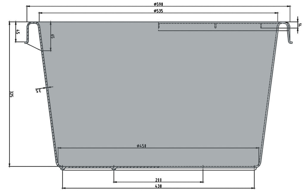 65 litre round container technical drawing