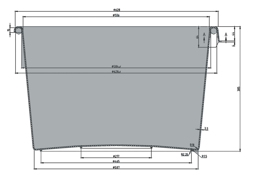 85 litre round container technical drawing