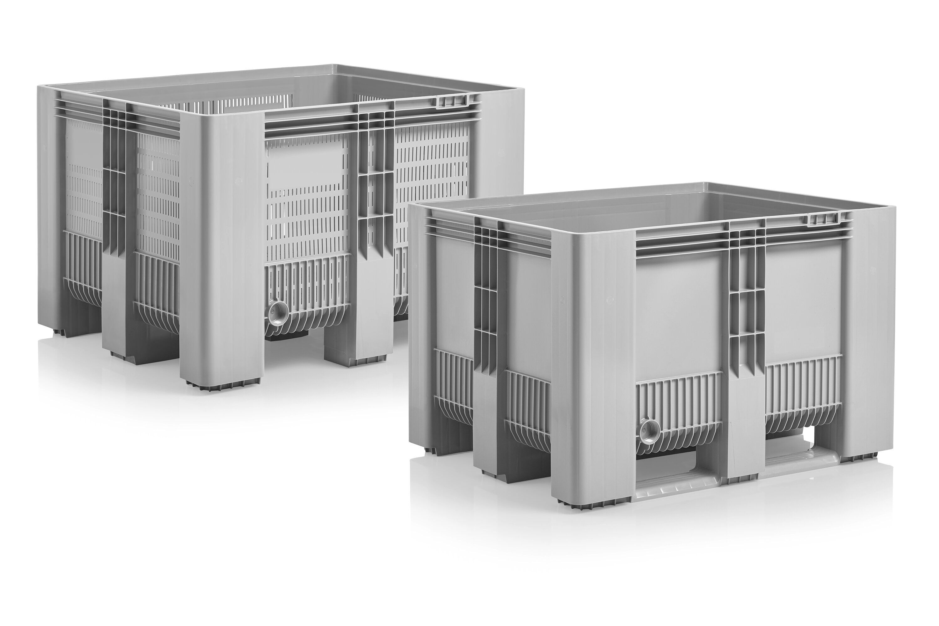 Two different SB3 pallet boxes lightgrey: one perforated version and one with closed walls