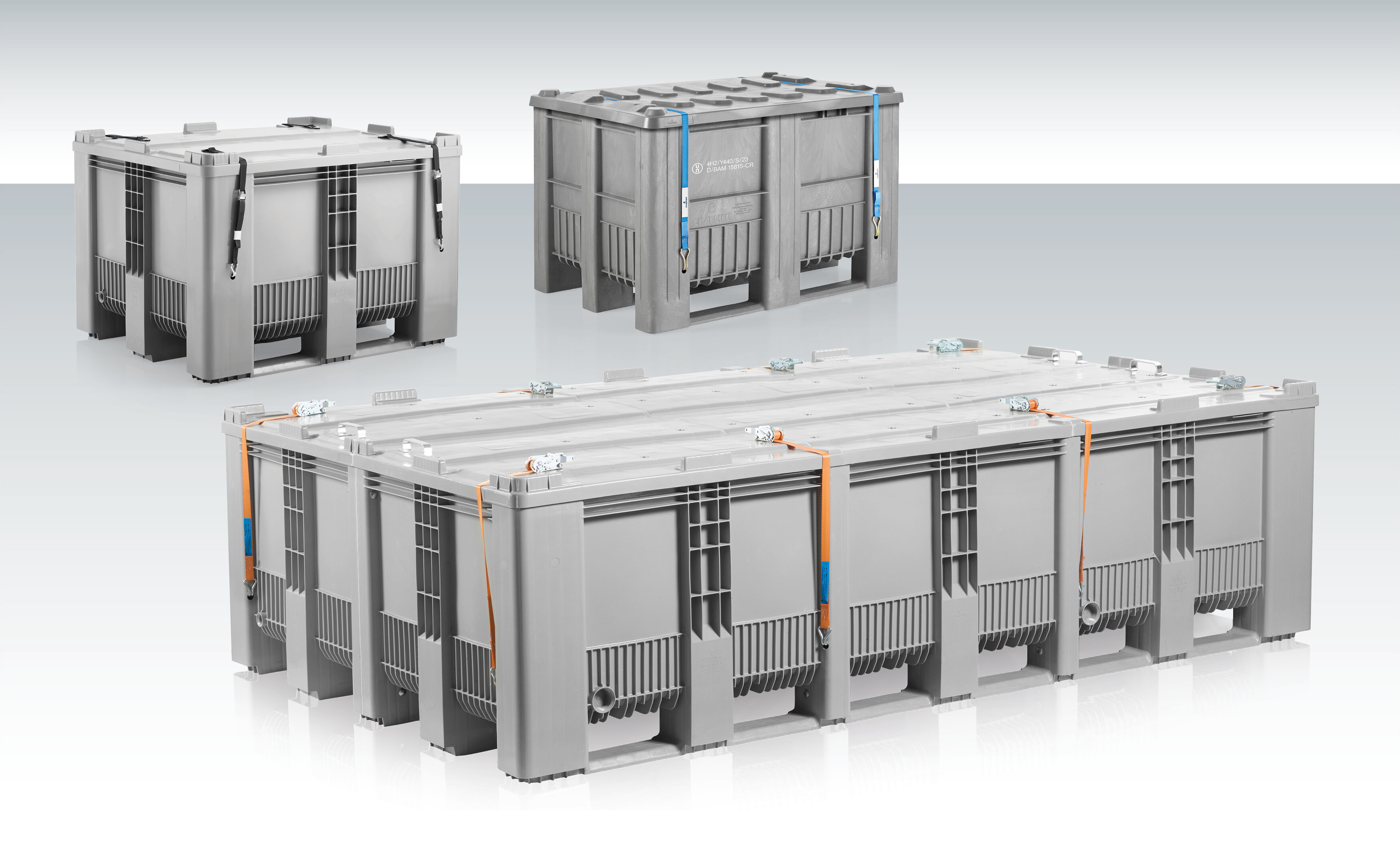 Three Craemer UN certified pallet boxes in different sizes