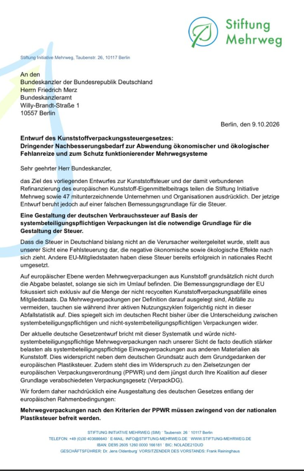 Offener Brief zur Plastiksteuer