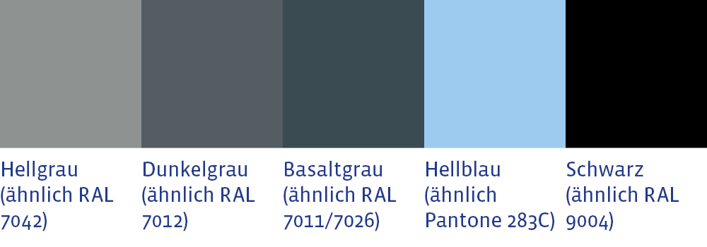 Farbpalette Paletten Farbpalette Kunststoffpaletten von Hellgrau, Dunkelgrau, Basaltgrau, Hellblau bis Schwarz mit RAL-Angaben