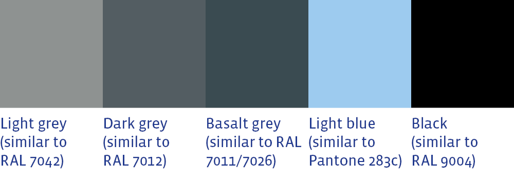 Colours Plastic Pallets Light grey, dark grey, basalt grey, light blue and black