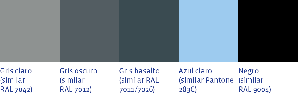 Colores palets gris claro, gris oscuro, gris basalto, azul claro, negro