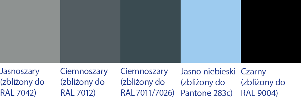 Kolory palety, Jasnoszary, Ciemnoszary, Jasno niebieski, Czarny