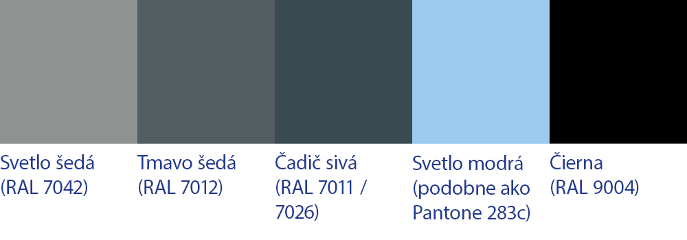 Farby paliet Svetlo šedá, Tmavo šedá, Čadič sivá, Svetlo modrá, Čierna