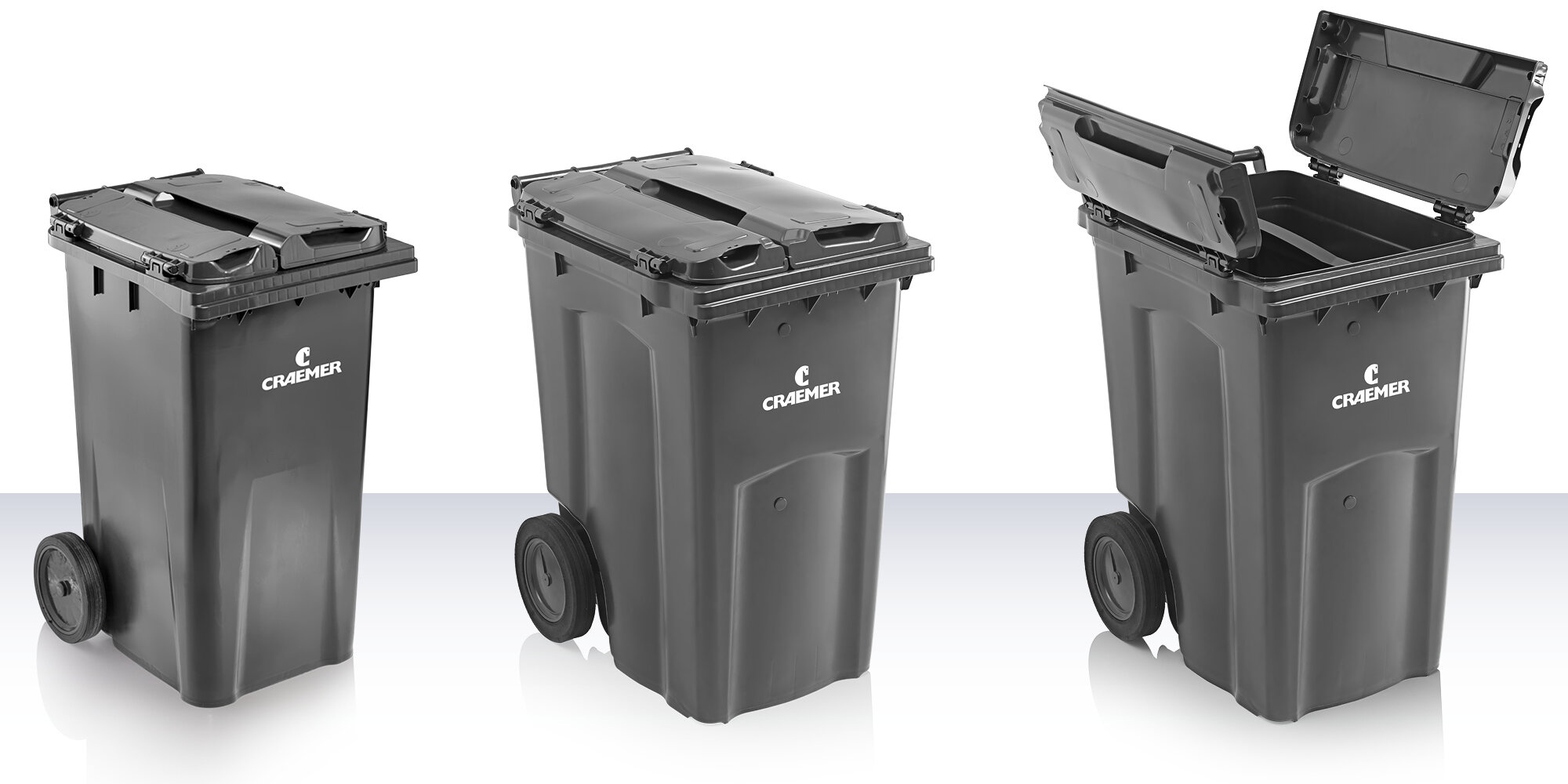 Three different sizes of the bins and one with opend lid