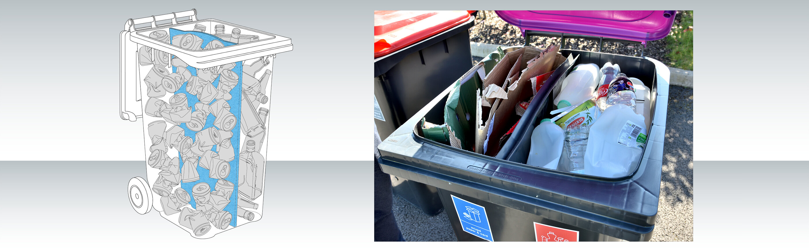 Twin compartment wheeled bin system visualisation and a real life image